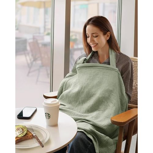 Blissful Diary Muslin Nursing Cover for Breastfeeding, Breathable Breastfeeding Cover up with Arch Neckline for Women, Nursing Apron(Sage Green)