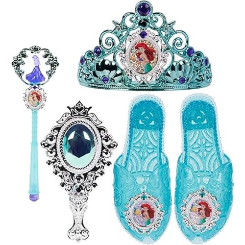 Disney Princess Dress Up Accessory Set Ariel Tiara, Shoes, Wand and Comb Set for Little Girls Role Play Time Costume Toys for 3-6 Years