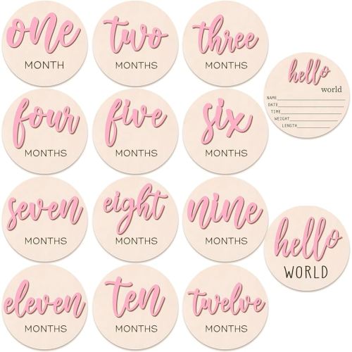 7 Pcs Baby 3D Monthly Milestone Wooden Signs Girl Baby 1-12 Months Announcement Card Sign Wood Markers Disc Block Baby Keepsake Double Sided Engraved Keepsake Photo Prop (Pink)
