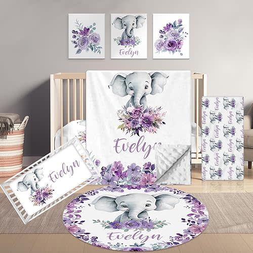 Personalized Baby Crib Set, 5 Pcs Custom Name Bedding for Girls Boys - Nursery Crib Sets, Soft Toddler Sets for Infant Customized Gifts, Purple Elephant