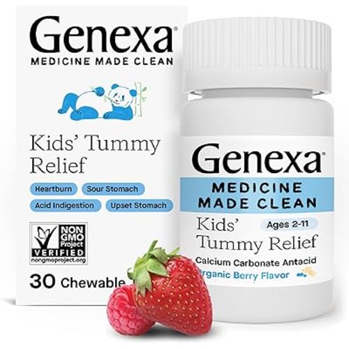 Genexa Kids’ Clean Tummy Relief Antacid Chewables, Dye Free, 0% Artificial Additives, Children's Tummy Ache Relief, Calcium Carbonate Acid Reducer, Organic Berry Flavor, 30 ct