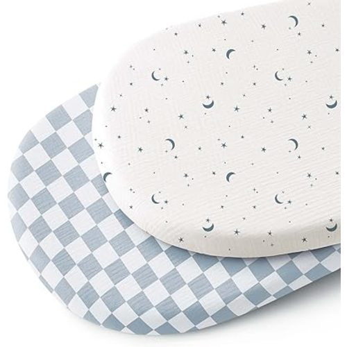 Konssy 2 Pack Muslin Bassinet Sheets for Baby Boy, 100% Cotton Soft Breathable Bassinet Mattress Sheets Fit for Hourglass Oval Cradle Rectangle Mattress (Dreamfield Sky,Baby Blue Plaid)