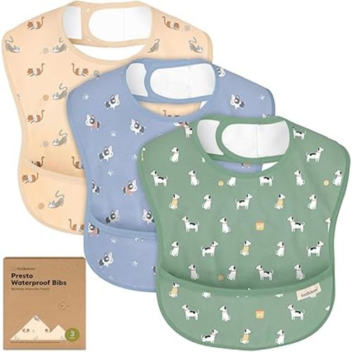 3-Pack Waterproof Bibs for Babies, Toddlers 1-3 - Lightweight & Large Toddler Feeding Bibs with Food Catcher, Mess Proof, Food-Grade Baby Eating Essentials, Easy Clean & Wipeable (Pets & Paws)