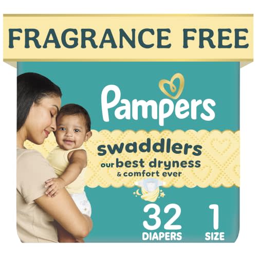 Pampers Swaddlers Diapers, Size 1 (8-14 lbs), 32 Count, Fragrance Free, Hypoallergenic, Absorbent, Pediatrician Recommended, Skin Safe