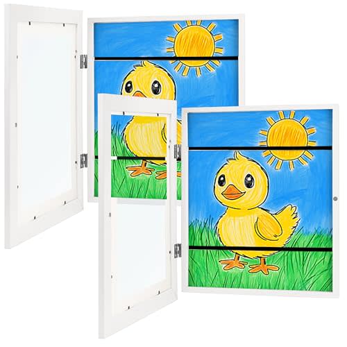 Zenacolor Kids Artwork Frames Changeable - Front-Opening to Display & Store 100 pcs - Set of 2 Kids Art Frame Includes Wall Hooks & Stand - 10x12.5cm - White