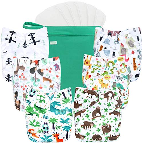 wegreeco Cloth Diapers 6 Pack with 6 Inserts & 1 Wet Bag, Washable Cloth Diapers for Babies, One Size Adjustable Reusable Diapers Baby (Forest, Animals)