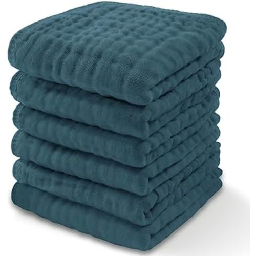 Comfy Cubs Muslin Baby Washcloths 6 Pack - Soft 6-Layer Cotton Wash Cloths for Sensitive Skin - 10"x10" Large, Gentle, Absorbent Infant Essentials for Newborn and Toddlers - Neptune
