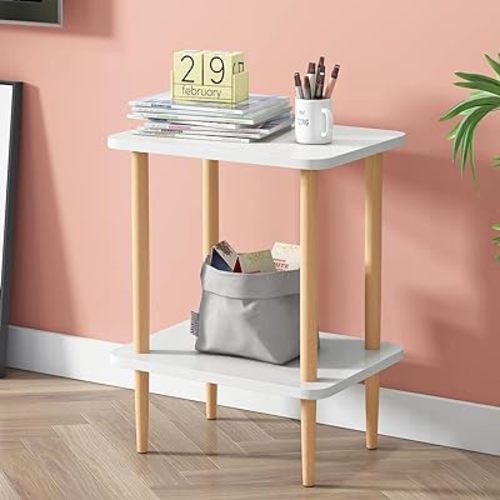 2-Tier Side Table Tall End Table with Storage Rack Wooden Nightstand Bedside Table for Living Room Bedroom Office No-Tool Assembly (White).
