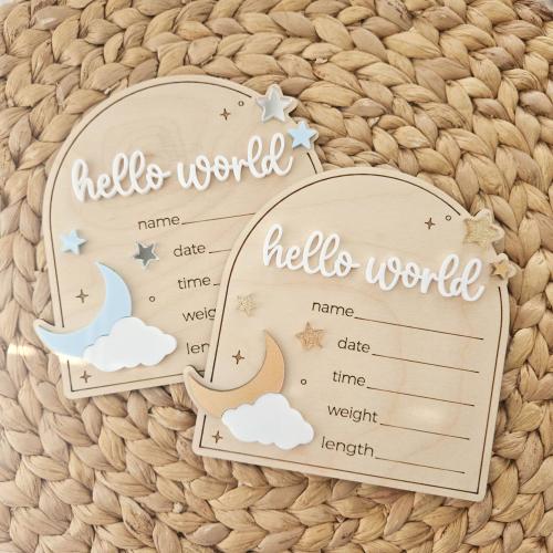 Moon and Stars Hello World Birth Announcement Sign | Newborn Baby Name Sign | Birth Announcement Plaque | Baby Arrival Hospital Sign