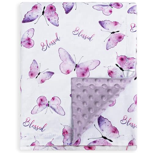 BORITAR Baby Blanket for Girls Soft Plush Minky Fabric, Double Layer Dotted Backing with Elegant Purple Butterfly Printed Blessed Blanket Gift for Toddler Newborn Infant 30 x 40 Inch(75x100cm)