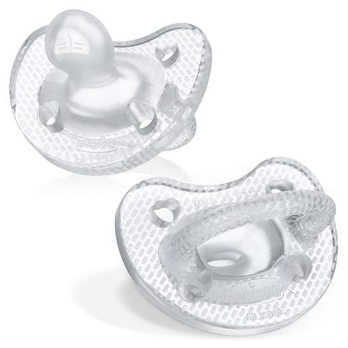 Chicco PhysioForma Luxe Orthodontic Pacifier, 6-16m | 100% Soft Silicone | Supports Breathing & Oral Development | Textured Shield & Handle | Includes Sterilizing Case | BPA Free | Crystal, 2pk