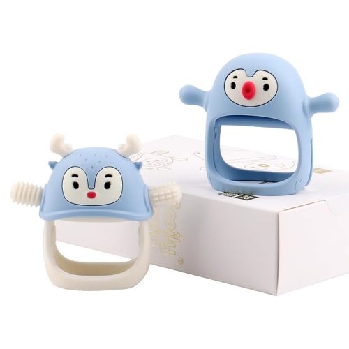 Smily Mia Penguin and Reindeer 2Pack Baby Teething Toys Gift Set for 0-18Months Babies - sky blue