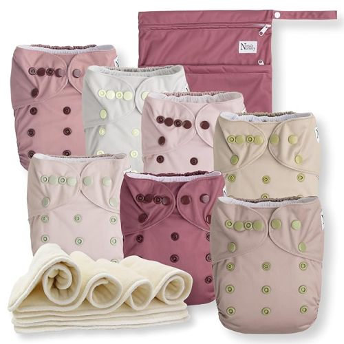 Nora's Nursery Cloth Diapers 7 Pack with 7 Inserts & 1 Wet Bag - Waterproof Cover, Washable, Reusable & One Size Adjustable Pocket Diapers for Newborns and Toddlers - Ballet Slippers