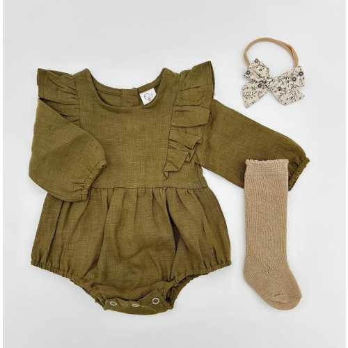 Baby Girl Linen Olive MOSS Ruffle Bubble Romper | OPTION SETS  socks + Bow + Cardigan | Gabriella
