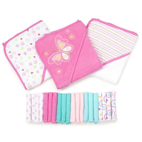 Spasilk Bath Hooded Towels & Washcloths Set for Babies, 23-Piece Gift Set, Pink Butterfly