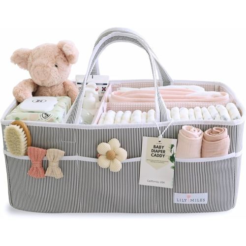 Lily Miles Baby Diaper Caddy - Organizer Tote Bag for Baby Girl Essentials - Baby Shower Basket - Nursery Must Haves - Registry Favorites - Newborn Caddie Car Travel - Gray/Blush, Extra Large