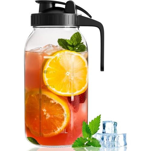 VA1KENE 64oz Glass Mason Jar Pitcher with Lid and Spour - Wide Mouth, 2 Quart(1.9 Liter) Glass Water Jug for Iced Sun Tea, Juice, Cold Brew Coffee, Breastmilk Storage, Black