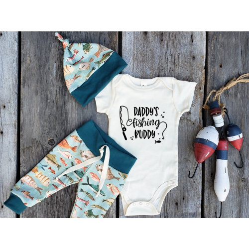 Fishing baby set, Organic baby clothes, baby shower gift, Daddys fishing buddy, coming home outfit, ocean baby, fish baby
