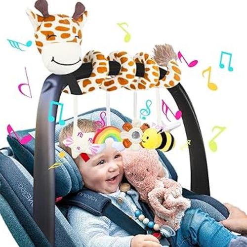 Stuffed Giraffe Spiral Car Seat Toys, 0-6 Months Stroller Activity Baby Infant Carseat Toys Hanging Including Bee Rattles| Flower Mirror| Rainbow Cloud| Star Bibi, Babies Lover Gifts