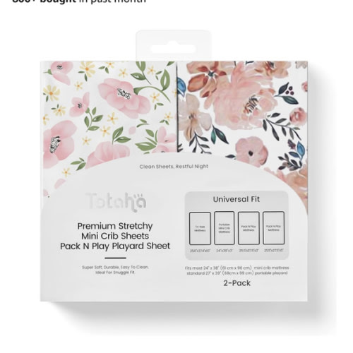 Graco Pack and Play Sheets Fitted, TotAha Buttery Soft Mini Crib Sheets Girl, Floral Pack N Play Mattress Sheets Hypoallergenic, Premium Jersey Playrad Sheets, Meredith Allover & Pale Pink, 2 Pack