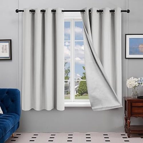 Deconovo 100% Total Blackout Curtains for Bedroom Grommet Solid Thermal Insulated Curtain Heat Blocking Room Darkening Energy Saving Drapes 2 Panels, Greyish White, 52W x 63L Inch
