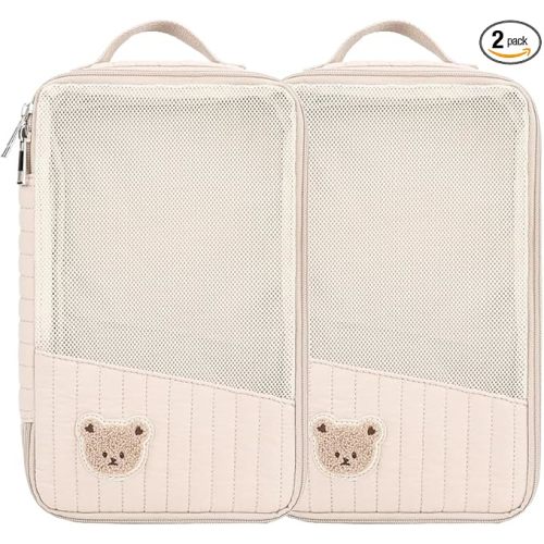 MOMIGO Baby Diaper Bag Organizer Pouches - 2 Pack Waterproof Pod Hanging Diaper Bag Cute Rabbit Bear Mesh Bag Reusable, Washable or Baby Cloth Diapers (Khaki)