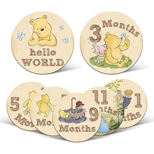 7 Pcs Winnie Baby Monthly Milestone Markers, Winnie Double Sided Winnie Baby Months Wooden Signs with Storage Bag, Winnie Baby Monthly Announcement Wooden Discs, Winnie Milestone Pictures of Newborn