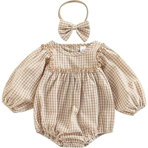 Newborn Baby Girl Clothes Plaid Bubble Romper Crew Neck Long Sleeve Bodysuit One Piece Jumpsuit Fall Winter Outfit
