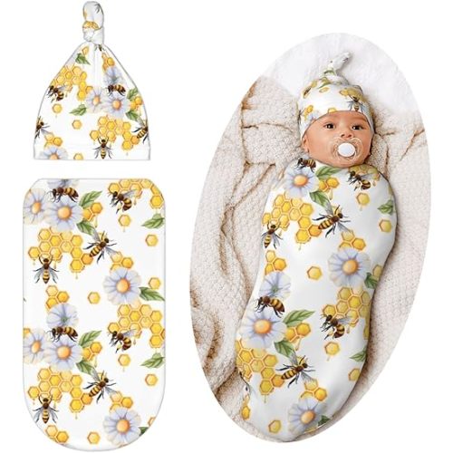 Bee Swaddle Blanket with Hat for Baby, Swaddling Sleeping Sacks, Bee Theme Baby Items Stuff, Shower Gifts for Boys Girls