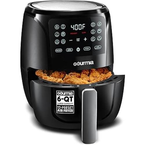 Gourmia Air Fryer - 6 Qt Large Capacity, FryForce 360º, Digital Display with 12 Presets, Roast, Bake, Broil, Dehydrate, Dishwasher Safe Accessories, Black