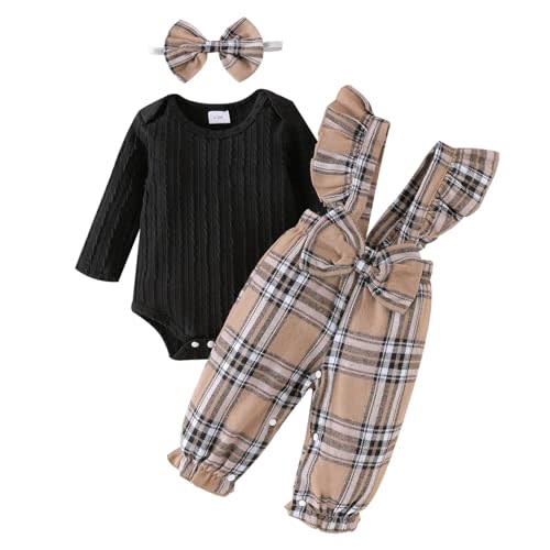 ODIMAME Baby Girl Clothes Newborn Suspender Overalls Long Sleeve Ribbed Romper Fall Winter Outfits Bow Headband 0-18 Months