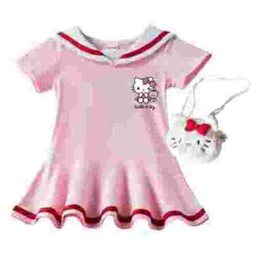 2024 Summer New Baby Girl Clothes kawaii Hello Kitty Short Sleeved Lapel Dresses+Bag 2PCE Suit Fashion A-line skirt