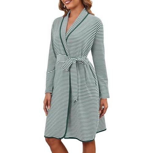 Cotton Robes for Women Striped Long Sleeve Kimono Bath Robe Lightweight House Coat Bathrobe Loungewear with Pockets