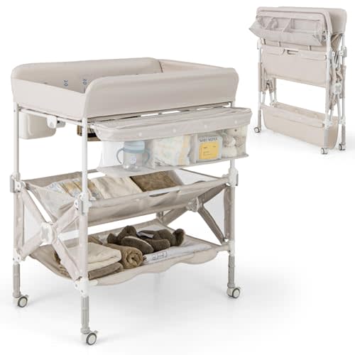 HONEY JOY Changing Table, Foldable Baby Mobile Nursery Organizer w/Wheels, Adjustable Heights, Storage Bag & Shelves, Waterproof Diaper Changing Station Dresser, Portable for Newborn Infant (Beige)