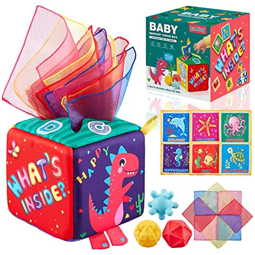 Comirth Baby Tissue Box Toy, Montessori Toys for Babies 6-12 Months - Premium Cotton Play Scarves Infant Toys with 3 Sensory Balls, Newborn Educational Baby Toys 6 to 12 Months, STEM Toddler 1-3 Gift