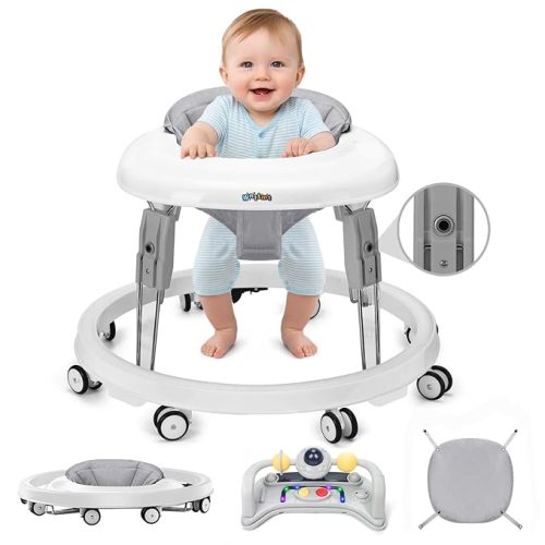 Baby Walker with Wheels, One-Touch Folding Baby Walkers with Height Adjustment and Brake, Portable Walker for Baby Boy Girls 6-18 Months, Grey