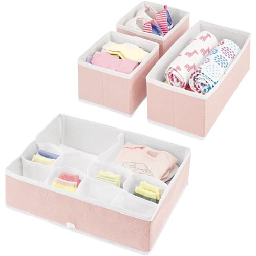 mDesign Fabric Drawer Organizer Bins, Kids/Baby Nursery Dresser, Closet, Shelf, Playroom Organization, Hold Clothes, Toys, Diapers, Bibs, Blankets, Jane Collection, Set of 4, 2 Pack, Pink/White