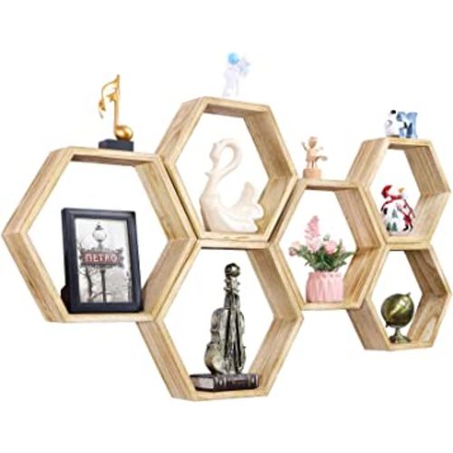 Hexagon Shelves for Wall Hexagonal Floating Shelves Wall Mounted Set of 6 Farmhouse Storage Wall Shelves Honeycomb Wooden Shelves Hanging Geometric Floating Shelf for Nursery Bedroom Living Room