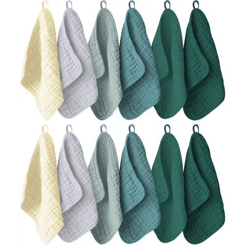 12 Pack Muslin Washcloths for Baby - 100% Cotton Baby Wash Cloths for or Baby Face Body Comfy and Soft for Newborn Infants Kids Girls and Boys - 12"x12" - Ivory, Slate and Emerald Series