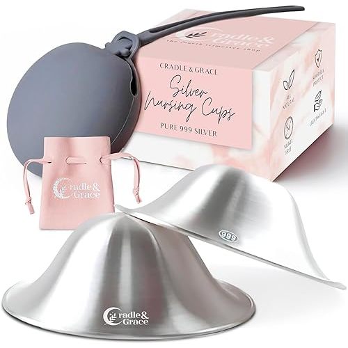 Cradle & Grace Pure 999 Silver Nursing Cups with Gray Carrying Case, Silver Nipple Shields for Breastfeeding Newborn, Silver Nipple Covers Breastfeeding Kit, Regular