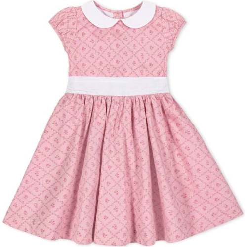 Organic Short Sleeve Sateen Dress with Peter Pan Collar, Pink Lattice Floral - Hope & Henry | Maisonette
