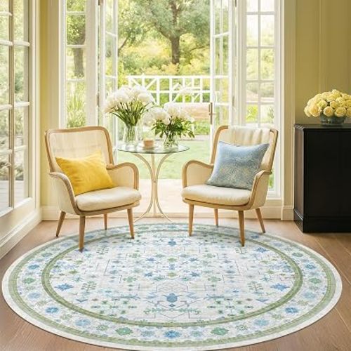 Blue and Green Washable Circle Rug for Bedroom, Oushak 6ft Round Rugs for Living Room, Kids Room, Home Office, Floral Cottage Low Pile Non Slip Indoor 72x72 Inch Circular Carpet Aesthetic Décor