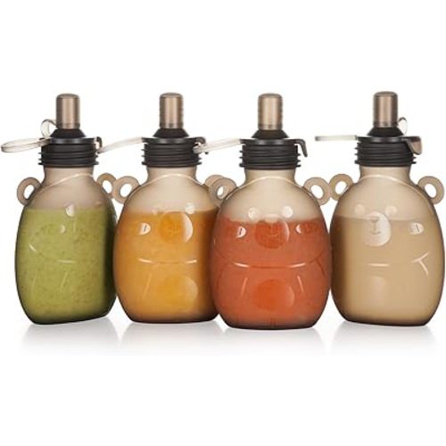 haakaa Happii Bear Reusable Pouches for Baby Food,Refillable Pouches for Toddlers, Reusable Squeeze Pouches for Kids,for Fruit Puree,Yogurt,Smoothies...4 Pack 6 oz/170ml, 6 Months+