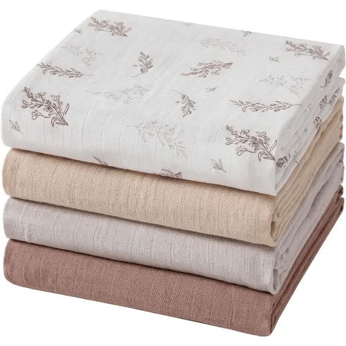 Muslin Swaddle Blankets for Boys and Girls, Soft Cotton Baby Swaddle Blankets for Unisex, 47 X 47 inches Muslin Swaddles, 4 Pack Leaves & Warmth Colors