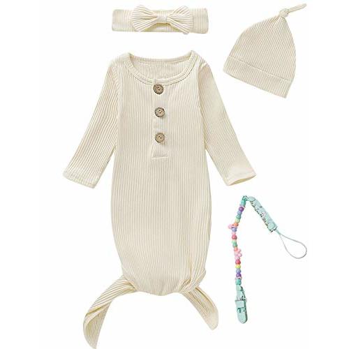 MoryGooder Newborn Cotton Nightgowns Neutral Baby Knotted Sleeper Baby Coming Home Outfit