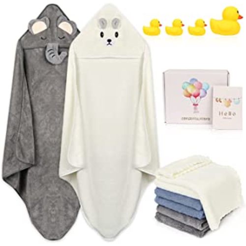 Baby Hooded Bath Towels 2 Pack with 6 Washcloths, 14-Piece Ultra Soft Baby Stuff for Newborn Boys and Girls, Baby Shower Towel Gift for Infant and Toddler (Bear, Elephant)