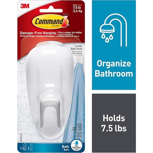 Command Bathroom Wall Hook with Water-Resistant Adhesive Strips, Bathroom Organizer for Hanging Bath Towels and Loofahs, 1 Shower Hook with 2 Command Strips