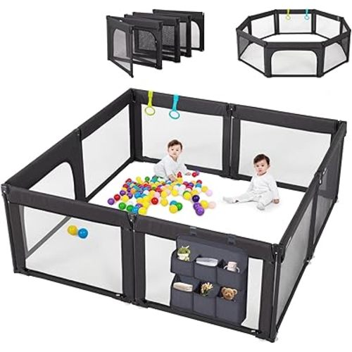 Baby Playpen Foldable, Shape & Size Adjustable Playpen for Toddler, 79x71 Large Baby Play Pens Safety Mesh Foldable Playard for Babies, Portable Baby Fence Play Area Kids Play Pen, Black