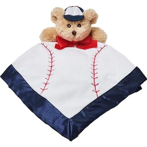 Bearington Baby Lil’ Slugger Snuggler, 15 Inch Baseball Plush Stuffed Animal Teddy Bear Security Blanket Lovey for Babies