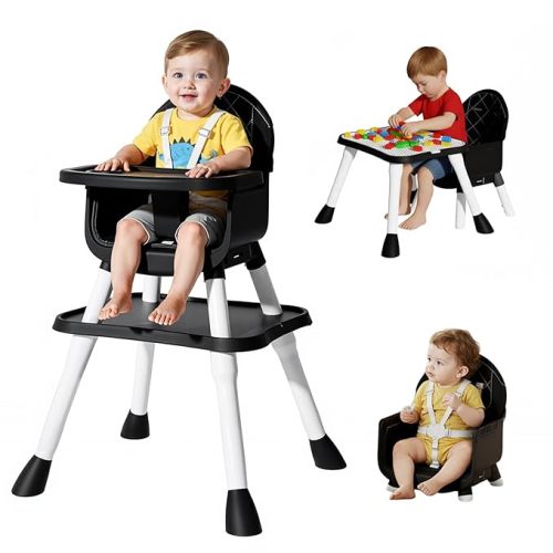 6-in-1 Convertible Baby Highchair, Booster Seat, Toddler Chair & Building Block Table, with Removable Tray, Easy Clean Cushion & 5-Point Harness (Black)